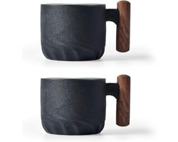 PromoHome Set van 2 Espressokopjes met Houten Handvat - 70ml Keramiek - Zwart
