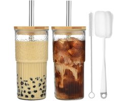 PromoHome Set van 2 Gestreepte Glazen Bekers met Deksel en Rietje - 600ml Per Stuk
