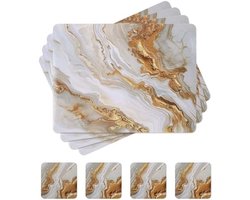 PromoHome Set van 4 Rechthoekige Kurk Placemats met Onderzetters – Marmerprint Wit – Waterdicht en Hittebestendig – Tafelmatten voor Keuken en Woondecoratie