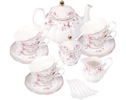 PromoHome Vintage Theeset Roze Rozen - 21 Delige Porseleinen Servies met Theepot en Accessoires