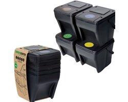 PromoHome Vuilnisscheidingssysteem met 4 vakken 100 liter totaal inhoud, stapelbare afvalbakken voor afvalscheiding, duurzame kunststof emmers met deksels en sorteerstickers, geschikt voor binnen en buiten gebruik