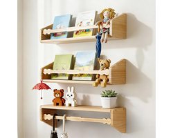 PromoHome Zwevende boekenplank set 3 stuks - massief houten wandplanken voor kinderkamer, speelgoedopslag, woonkamer decor - 40x10x9,7 cm natuurlijk