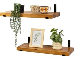 PromoHome Zwevende Wandplanken Set - Natuurlijk Houten Planken met Veiligheidsrand