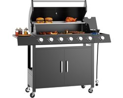 Propaanbarbecue met 6 hoofdbranders en 1 roestvrijstalen zijbrander – barbecuewagen van 60.000 BTU – voorzien van warmhoudrek, onderkast en 2 zwenkwielen met rem – geschikt voor in de tuin, op het terras en op de camping