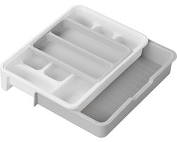 ProPlus Bestekbak Verstelbaar - Besteklade voor Caravan – Verstelbaar tot 40 x 31,5 x 6 cm - Ladeverdeler – Keukenlade - Verstelbare Bestekhouder - Bestekbakken – Bestekcasette - Keuken Organizer – Opbergen - 6 of 7-vaks - Wit/grijs