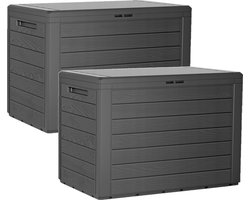 Prosperplast antraciet tuin kussen opbergbox - 2x - hout patroon - 190 liter - kunststof - Tuinopbergers