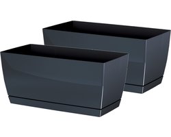 Prosperplast Plantenpot/bloempot met opvangschaal - 2x - kunststof - antraciet 24 x 12 x 11 cm - binnen/buiten