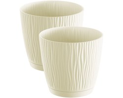 Prosperplast Plantenpot/bloempot Waves - 2x stuks - kunststof - creme wit - D13 x H12 cm - binnen/buiten - met opvangschaal