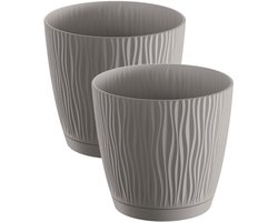 Prosperplast Plantenpot/bloempot Waves - 4x stuks - kunststof - steengrijs - D13 x H12 cm - binnen/buiten - met opvangschaal