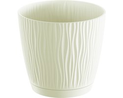 Prosperplast Plantenpot/bloempot Waves - kunststof - creme wit - D13 x H12 cm - binnen/buiten - met opvangschaal