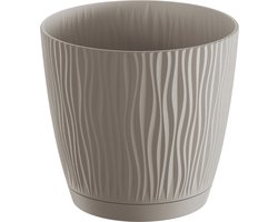 Prosperplast Plantenpot/bloempot Waves - kunststof - taupe - D13 x H12 cm - binnen/buiten - met opvangschaal