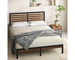 Provento - Kingsize bed 160 x 200 cm, metaal en bamboe bedframe, bruin en zwart, hoogte 23 cm