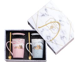 Provento - Marmeren Mokken Set voor Koppel Verloving - Grijs & Roze - Geschenken Bruidegom Bruid - 12oz Keramische Mokken