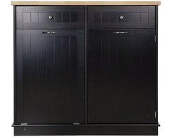 Prullenbak 100×35,5×90 cm Keukenunit Zwart MDF Werkblad Rubberwood Fineer Twee Lades Verborgen Prullenbak Kast Opbergruimte Buffetkasten
