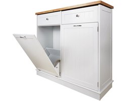 Prullenbak 100×35,5×90 cm Wit Keukenunit MDF Werkblad Rubberwood Fineer Twee Lades Verborgen Prullenbak Kast Opbergruimte