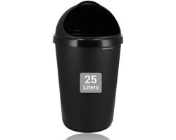 Prullenbak 25L Zwart – Kunststof Vuilnisbak met Schuifdeksel – Ronde Afvalemmer voor Keuken, Badkamer & Kantoor – Compacte Afvalbak 32x32x62 cm