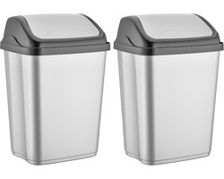Prullenbak - 2x stuks - 50 liter - kunststof - zilver met zwart - L41,5 x B33,5 x H65 cm - kantoor