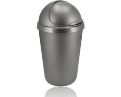 Prullenbak 50 Liter Grijs met Schuifdeksel – Afvalemmer Rond Kunststof – Vuilnisbak met Roldeksel voor Keuken, Schuur of Tuin – Grote Afvalton Ø38,5 x H70 cm