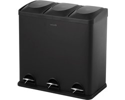 Prullenbak 60 liter Maxer Zwart met 3 vakken - Vuilnisbak voor recycling - Pedaalemmer keuken RVS - Trash Bin Kitchen - Afvalbak afvalscheiding - Afvalscheidingssysteem vuilnisbak 60 liter