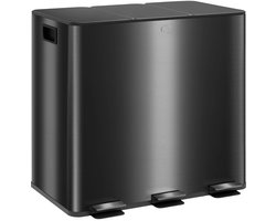 Prullenbak Afvalscheiding 45L - Pedaalemmer - 3 Vakken - 3 x 15 liter - Deodorantdeksel - Vingerafdrukbestendig - Softclose - Uitneembaar - Vuilnisbak voor Huishouden en Kantoor - Roestvrij staal - Zwart