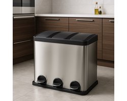 Prullenbak Afvalscheiding RVS Met Drie Vakken- 45 Liter (3x15L) - Trio Pedaalemmer- Soft Close & Hygiënisch- Zilver
