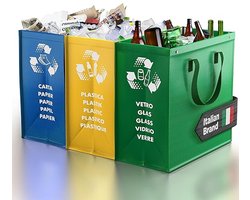 Prullenbak – Afvalscheidingssysteem 3 vakken – Recycling papier, glas en plastic – Herbruikbaar – Multicolor