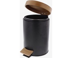 Prullenbak met bamboe deksel – Zwart / hout – Klein formaat - 3L - badkamer / wc / keuken / kantoor / horeca prullenbak
