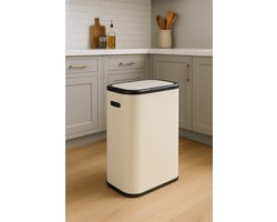 Prullenbak met drukdeksel 60 liter-wit crème Afvalbak met deksel-Grote vuilnisbak - Hygienische prullenbak voor keuken en kantoor - Stijlvolle afvalemmer met drukmechanisme- prullen bak- afval bak- afvalbak- emmer- afval emmer- afvalemmer