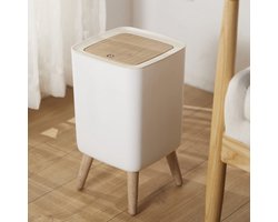 Prullenbak Met Houtnerf-Look (10 L) — Afvalbak Met Deksel En Drukmechanisme — Geschikt Voor Slaapkamers, Keukens, Woonkamers En Kantoren (Wit)