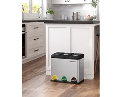Prullenbak - metalen pedaalemmer - 3-in-1 - 24 liter - afvalscheiding - zilver