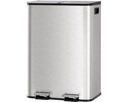 Prullenbak - Prullenbak 60 Liter (2x30) - RVS - Vuilnisbak 60 Liter - Pedaalemmer 60 Liter - Prullenbak Afvalscheiding - Prullenbak 2 Vakken - Afvalbak - RVS - zilver