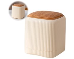 Prullenbak - Prullenbak met deksel - Dubbele binnen- en buitenbakken - Mini - Push-to-open-ontwerp - Geschikt voor keuken, bureau en badkamer - Houtnerfdeksel - romig geel