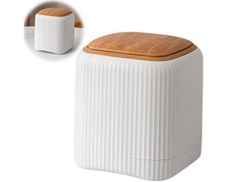 Prullenbak - Prullenbak met deksel - Dubbele binnen- en buitenbakken - Mini - Push-to-open-ontwerp - Geschikt voor keuken, bureau en badkamer - Houtnerfdeksel - wit