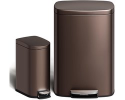 Prullenbak Set 50L + 10L - Pedaalemmer Keuken & Badkamer - Soft Close - Bruin