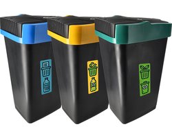 Prullenbak set van 3x 18 liter - 18L Afvalscheidingsbakken met schommeldeksel - Zwart - 42x22x16 cm - Ideaal voor Afvalbeheer
