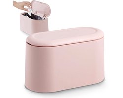 Prullenbakje - leine Tafelblad Bak met Drukknop Deksel - Stevig - Aanrecht Afvalbakje - Prullenbak - Tafelafvalemmer - Plastic vuilnisemmer - voor Kantoor, Badkamer, Keuken en Slaapkamer - Opslag Voedsel Voor Huisdieren - Roze