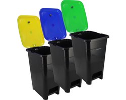 Prullenbakken Set van 3 - 60L Pedaalemmers voor Afvalscheiding - Zwarte Afvalbakken met Voetpedaal en Geel, Blauw, Groen Deksel