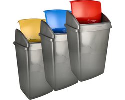 Prullenbakken Set van 3x 50 liter - 50L grijze Sorteerbakken met Geel, Blauw, Rood Deksel - Ideaal voor Afvalscheiding
