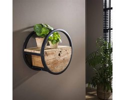 PS-Collection Circular Wandschap met Lade - Ø40x25cm - Bruin - Hout/Metaal - wandplank - wandrek industrieel - wandrek metaal zwart - wandrek rond - wandrekken - wandplank zwevend - wandplank hout - wandkubus - boekenplank