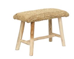 PS-Collection De Raffia Bank - 60x28x45cm - Naturel - Teakhout - krukje hout, krukjes om op te zitten, krukje badkamer, krukjes om op te zitten volwassenen, krukje make up tafel, kruk, krukje, houten krukje,