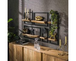 PS-Collection Edge Set/5 Wandschap - 25x15x75cm - Naturel - Acacia/Metaal - wandplank - wandrek industrieel - wandrek metaal zwart - wandrek rond - wandrekken - wandplank zwevend - wandplank hout - wandkubus - boekenplank