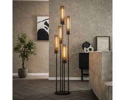PS-Collection Tube Mesh Getrapt 5L Vloerlamp - 32x32x172cm - Zwart - Metaal - vloerlampen woonkamer, vloerlamp zwart, vloerlamp industrieel, vloer lamp, vloerlampen landelijk, staande lampen woonkamer, staande lampen, staande lamp industrieel
