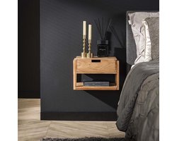 PS-Collection Zwevend 1 Lade Nachtkastje - 39x25x27cm - Naturel - Acaciahout - nachtkast, nachtkastje, nachtkastjes, nachtkastjes industrieel, nachtkastje hout, nachtkastjes modern, nachtkastje zwevend