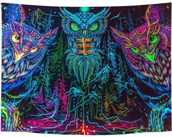 Psychedelisch Fluorescerend Wandtapijt - Uil met Sterrenhemel voor Slaapkamer en Woonkamer Decoratie 95 x 73 cm