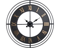 PTMD Azzer Black Iron Wall Clock Wooden Inlay Round
