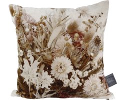PTMD Charlet vierkant kussen - 45 x 10 x 45 cm - kantoen fluweel creme gedroogde bloemen sierkussen