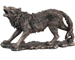 PTMD Wolf bronskleurige decoratiebeeld kunsthars wolf maat in cm: 50 x 18 x 30 - brons