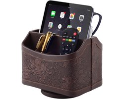 PU lederen afstandsbediening houder met 5 compartimenten, 360 graden draaibare desktop supply organizer Geschikt voor pen, tv-bediening, telefoon, mini iPad notebook, brillen, make-up borstel opbergdoos，19*14*15.5cm