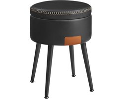 PU Lederen Opbergkruk Met Stiksels - Kaptafelkruk Met Opbergruimte - Ronde Kruk Met Stalen Poten - Midden Van De Eeuw Modern Design - Inktzwart - Capaciteit 150 Kg