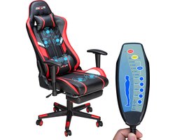PU Massagestoel met voetenbankje - Ergonomische Gamestoel - 175° - Bureaustoel - Rood&Zwart